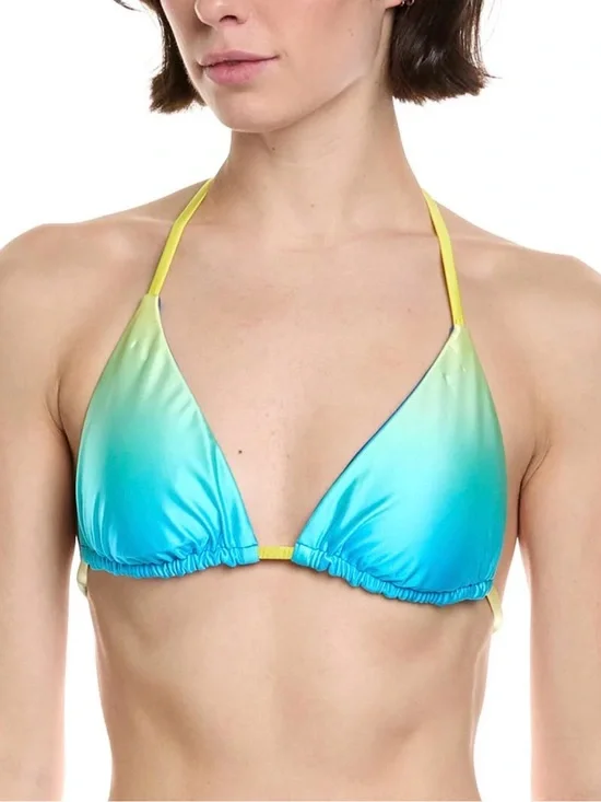 Trina Turk Aqua-to-Teal Gradient Triangle Bikini Top with Yellow Straps