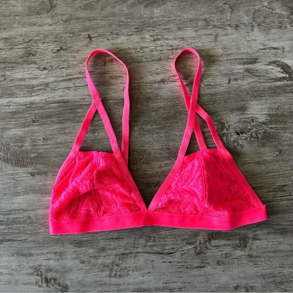 Express Lace Bralette Neon Pink Pull On Strappy Nylon Stretch Womens Small NWOT