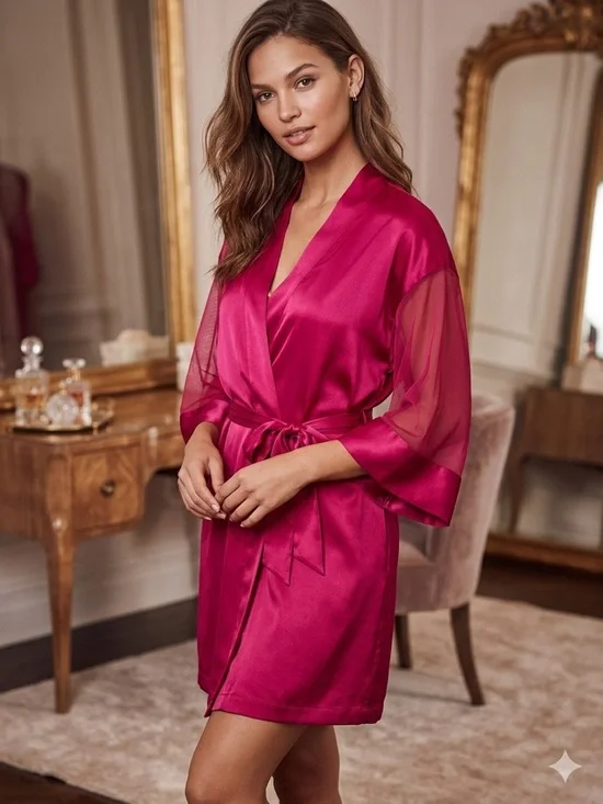 Victoria's Secret Fuchsia Satin Kimono Robe with Sheer Sleeves Size One Size