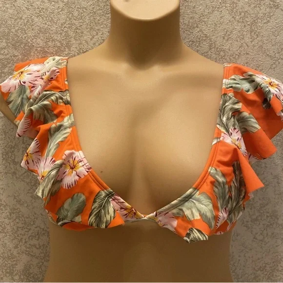 Xhilaration Orange Floral Ruffle Bikini Top