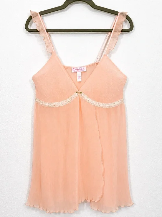 Oscar De La Renta Intimates Peach Sheer Coquette Babydoll Slip Dress Lace Trim L