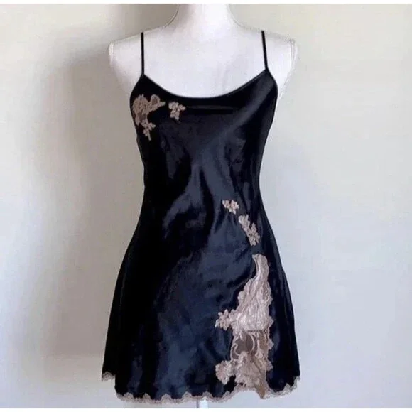 Y2K Victoria's Secret Black Satin Slip Dress Cream Lace Madison Beer Style Sz S