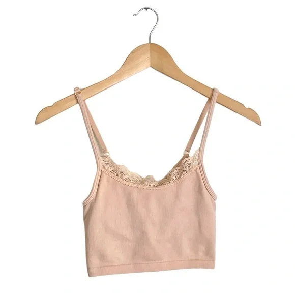 Aerie Seamless Lace Trim Longline Bralette XS Light Pink