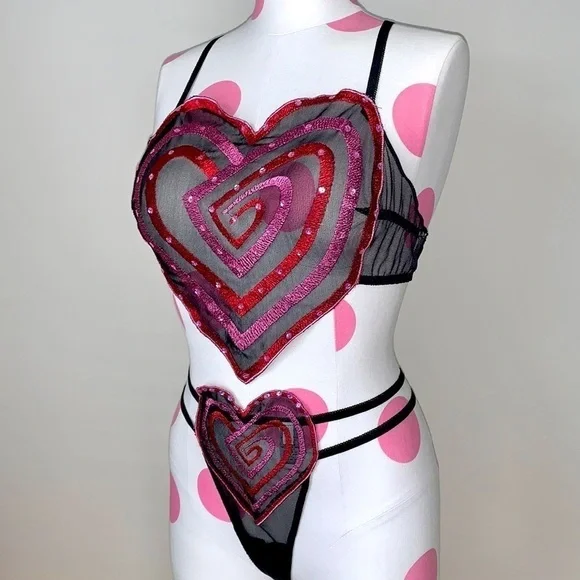 Frederick’s of Hollywood Mesh Heart Lingerie Set