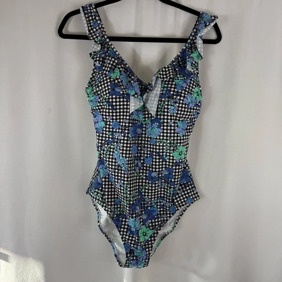 Lands' End Blue Floral Checkered one piece Swimsuit size: 10