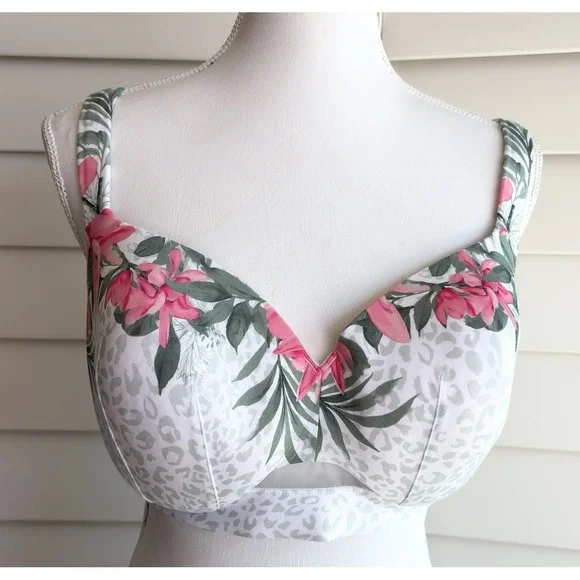 Cacique 40DD Lightly Lined Balconette Bra Floral Leopard Print Tropical EUC