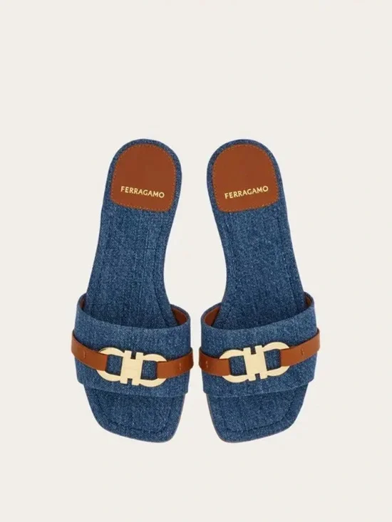 Salvatore Ferragamo Blue Denim and Brown Leather Slide Sandals