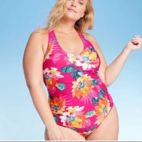 Kona Sol Pink Floral One Piece Swimsuit plus size 22W built in bra full cov