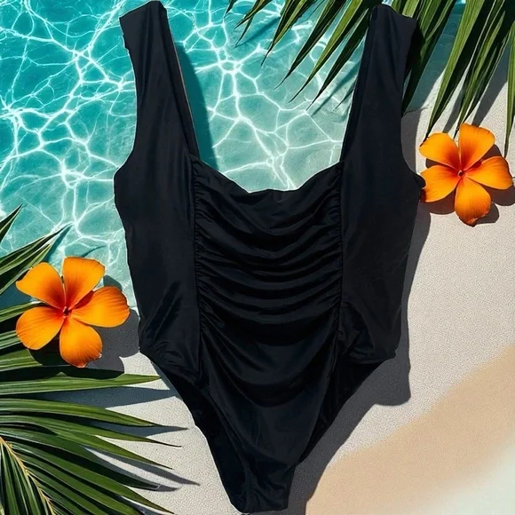 NEW J. Crew Black Ruched Square Neck One Piece Swimsuit‎ Resort Beach Size 22