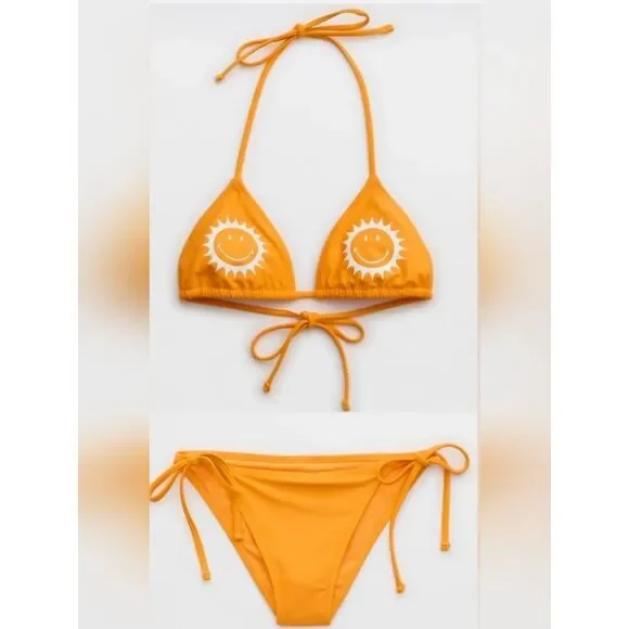 NWT Aerie 2 SET Smiley String Triangle Top + Cheekiest Bottom Orange