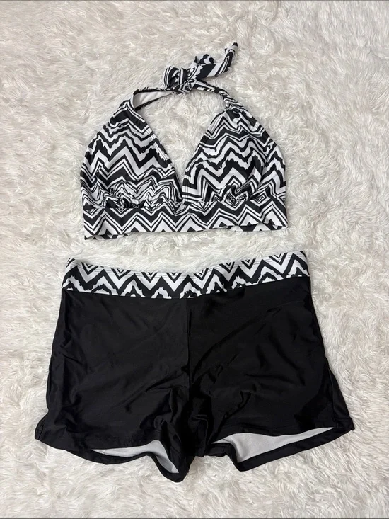 NEW Zando Black And White Halter Tie Swim Set With Boy Shorts Size XL