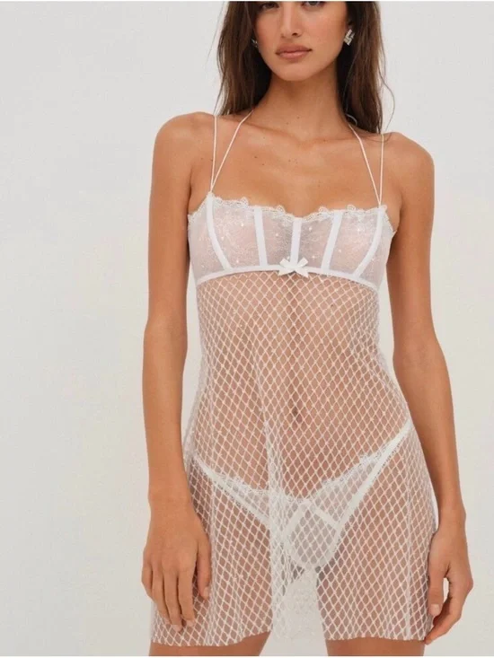 For Love & Lemons Ellery Glitter Slip Dress S White NWT