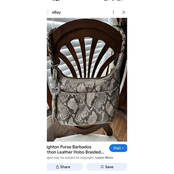 Brighton Snake Print Leather Large Shoulder Bag w Charm Braided Handle