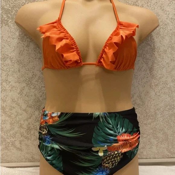SHEIN Tropical Orange and Black Bikini