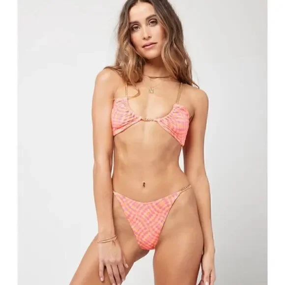 L*Space XS top and M bottom Sammie checkered gold chain bikini