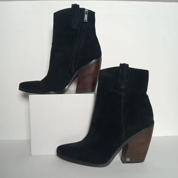 Sam Edelman Agnes Black Suede Western Boots Leather Upper Pointed Toe Womens 10M