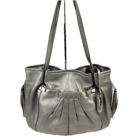 B Makowsky Hobo Handbag Metallic Silver Leather Tasseled Boho Chic Everyday Bag