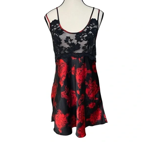 Black & Red Lace Babydoll Chemise Floral Slip Dress Sexy Strappy Back Size M