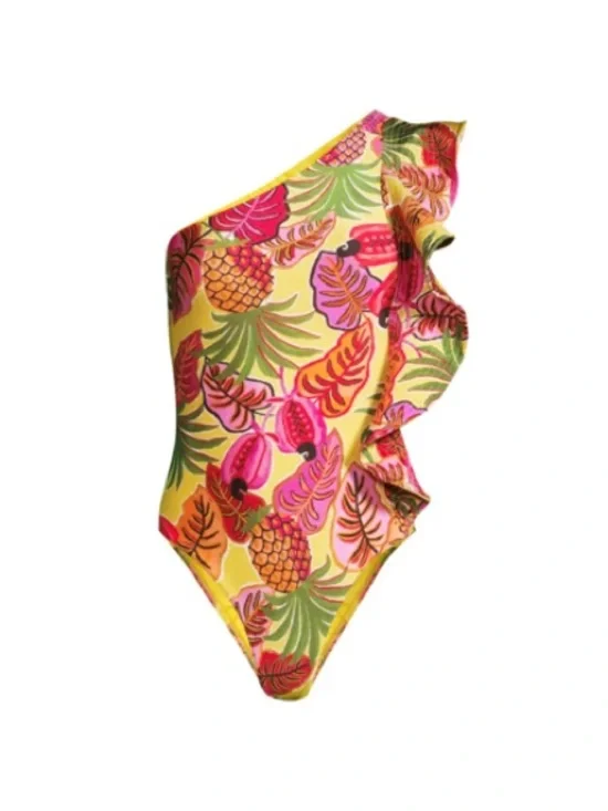 FARM Rio Fruit Dream One Shoulder Ruffle Swimsuit Bikini S Pineapple Tropical