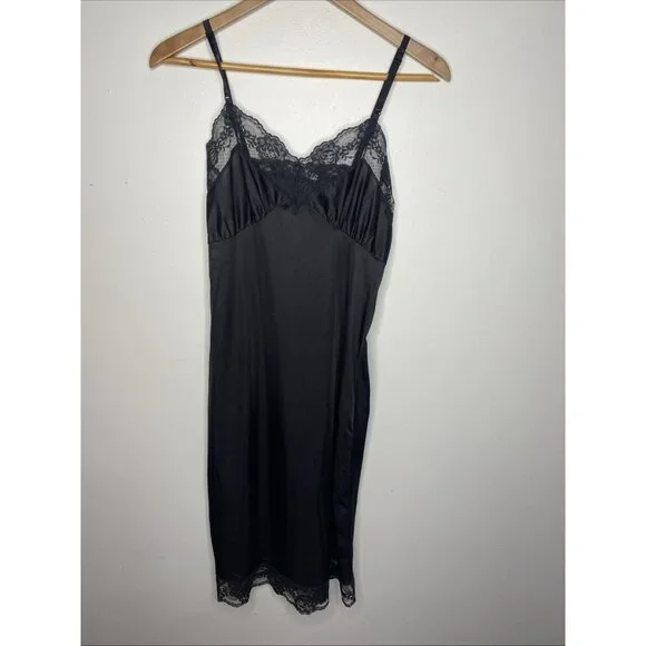 Vintage Black Full Slip Womens 32 Coquette Lace Boudoir Volup Lingerie Dress