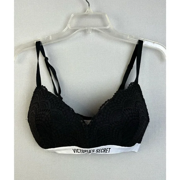 Victoria's Secret Bra Women's 36C Black Lace Lightly Padded No Wire Logo