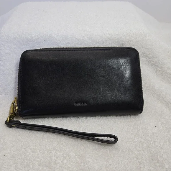 Fossil Leather RFID  Wallet Emma Zip-Round Phone Case Black Cowhide Leather Soft