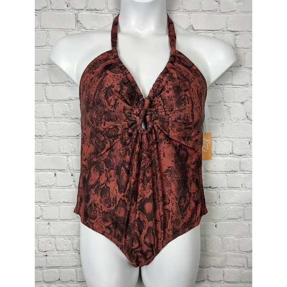 18W 22W 24W Kona Sol Snake Print One Piece Halter Swimsuit Plus Size