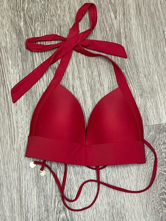Red Halter Bikini Top With Cups Tie Back