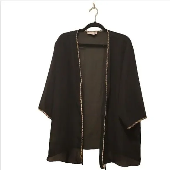 Natori Private Luxuries Womens Top Black 2XL Leopard Trim Sheer Plus Size Robe