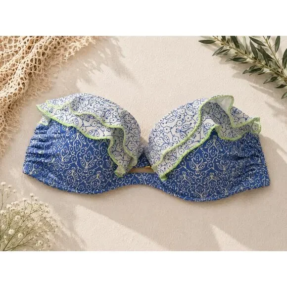 Victoria's Secret Women's Strapless Ruffle Bandeau Bikini Top Blue White SZ 34C