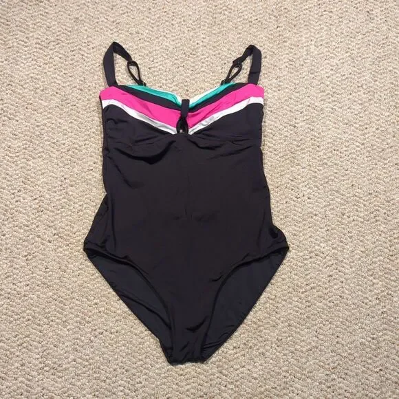 Trina Turk One Piece Swimsuit Swimwear 8 Black Cutout Keyhole Tie Back Bow
