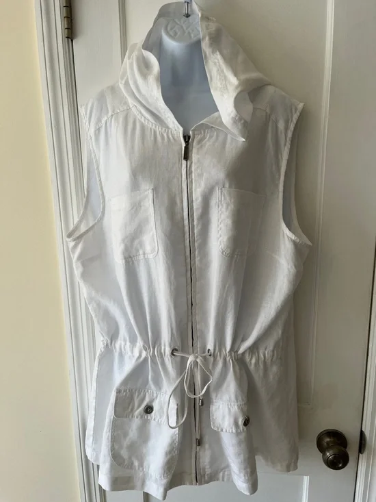 Linen Sleeveless Hooded Utility Jacket Swim Cover White Womens 1X Beachy Coastal