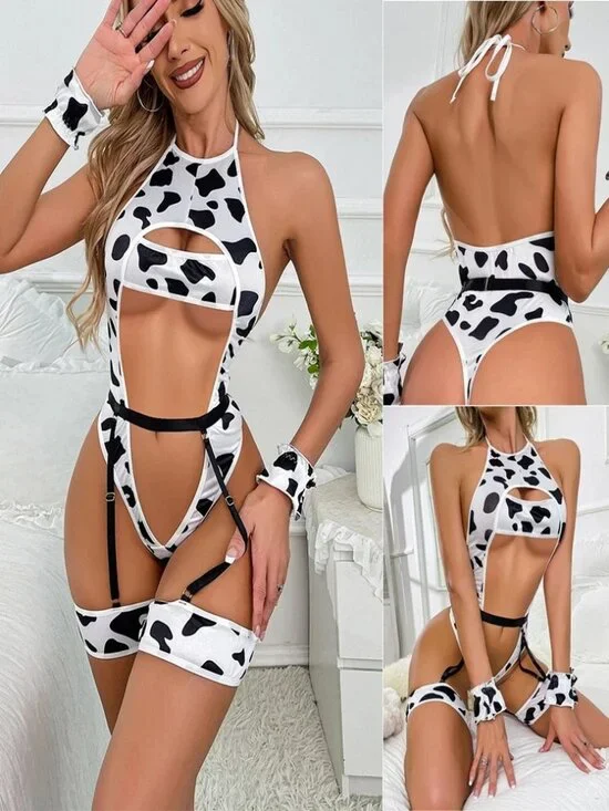 Women's Sexy Lingerie Milk Cow Cosplay Bodysuit Bra Panty Underwear Garter Set