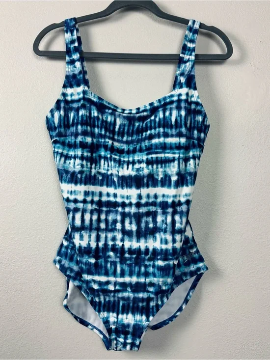 Speedo Women’s Sz L One Piece Swimsuit Blue White Tie Dye Padded Built In Bra
