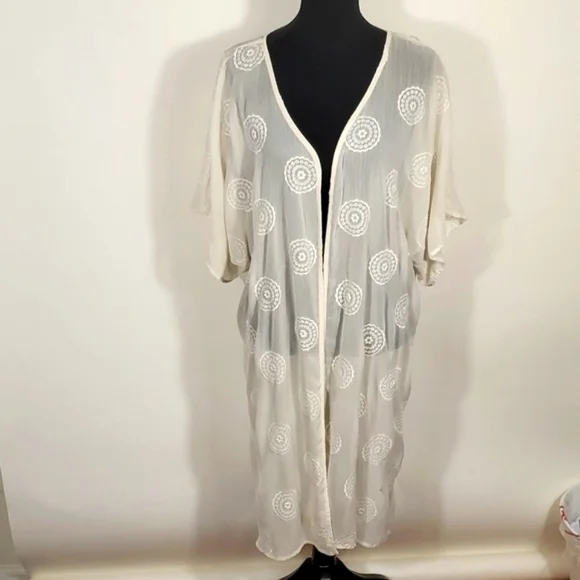 Open Front Kimono Cover-Up - Off White/Ivory - Embroidered - OSFM