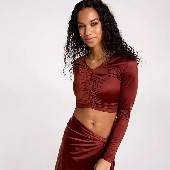 NWT/NWOT Calia long sleeve ruched swim rashguard in a red brown/copper color