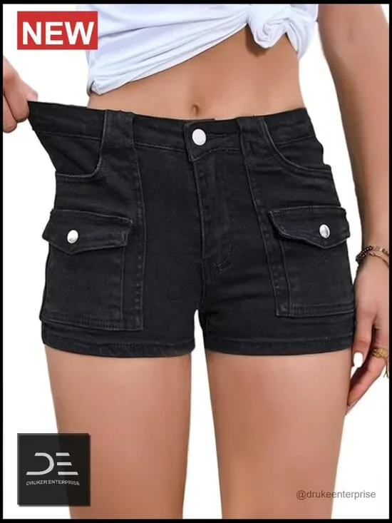 Mid Rise Stretchy Denim Shorts with Pockets