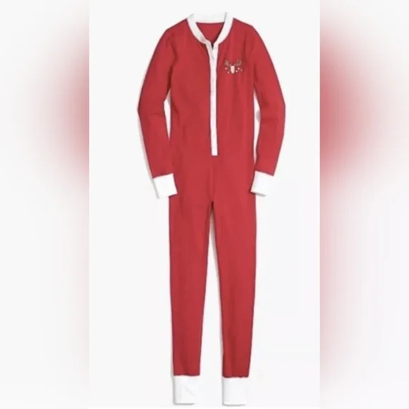 J. Crew Red Women's One Piece Reindeer Pajamas Sz: L