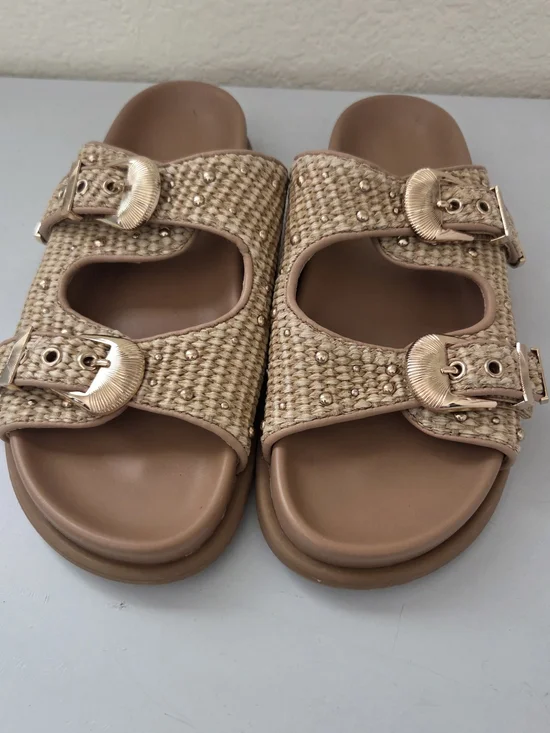 Steve Madden Woven Buckle Slide Sandals in Tan with Gold Buckles