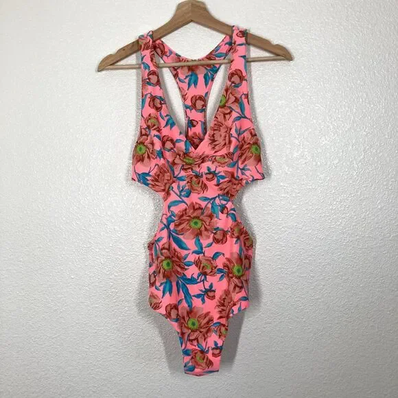 Tori Praver One Piece Swimsuit Womens Large Pink Floral Cutout Monokini Tropical