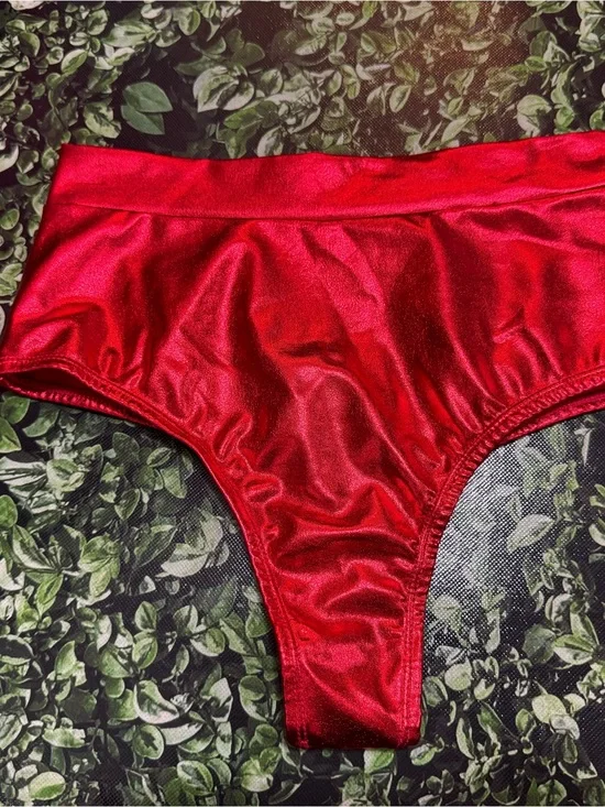 Metallic Red High-Waist Thong Bikini Bottoms