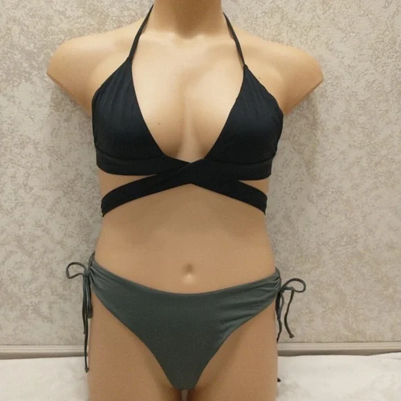 Lulu's Black Wrap Top and High Cut Sage Bikini Set