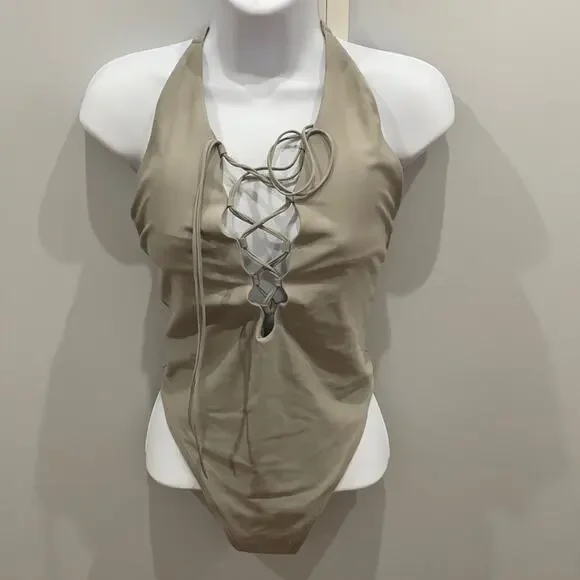 AERIE Gray Strappy One Piece Halter Swimwear NWOT