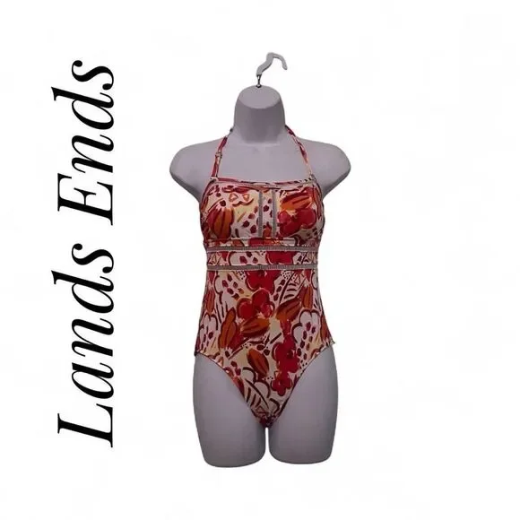 Lands End Canvas Size 4 One Piece Bikini Orange Pink