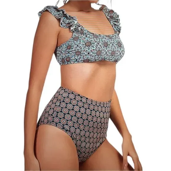 New Mooncore Two Piece Blue Print Ruffle Bikini Set Women's Size Small New‎