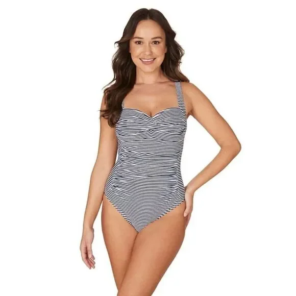 Niptuck Women's 10 Twist Front One Piece Swimsuit Blue Sorrento Stripe Nautical