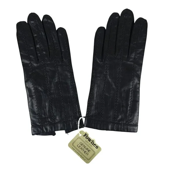 Vintage Fownes Womens Genuine Leather Black Gloves Acrylic Lined Size 7