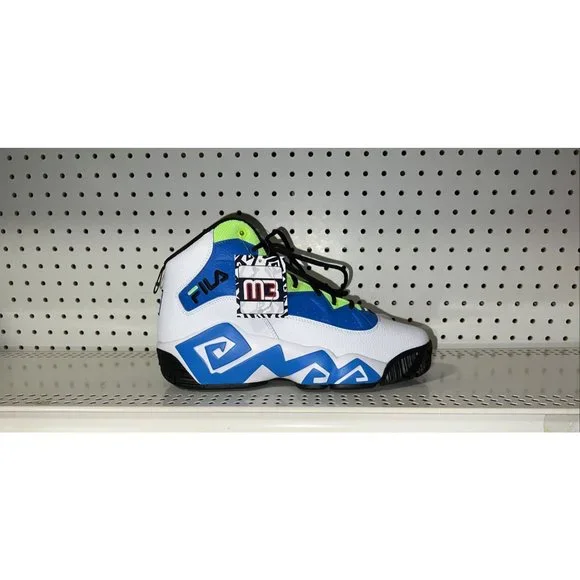 FILA MB Mens Basketball Shoes Size 9.5 White Blue Neon Green Jamal Mashburn