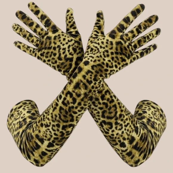 New Leopard Print Velvet Opera Gloves Animal Print Elbow Length Formal