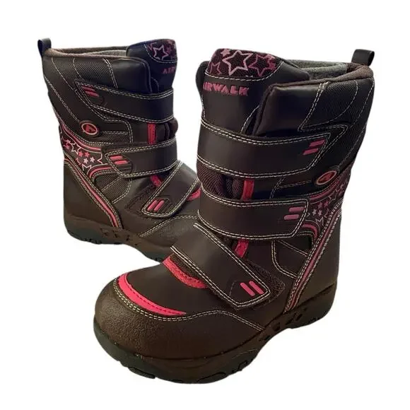 Airwalk Toddler Girls Snow Boots 10 Brown Pink Easy Fasten Waterproof Faux Lined
